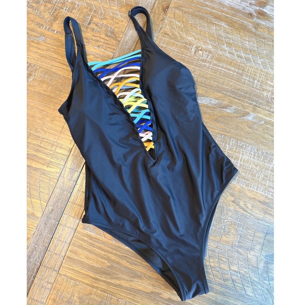 Rainbow Black One Piece Swimsuit Womens L Front Tie Colorblock Y2K